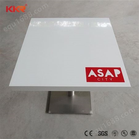 石英石白色亮光小方桌 可定制印logo人造石台面 易清洁打理面板
