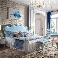 天一美家欧式风格别墅会所家具定制卧室大气实木蓝色简约双人婚床
