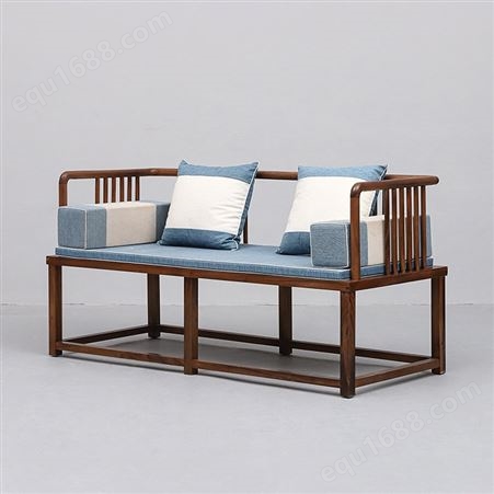 天一美家新中式客厅家具会所胡桃木实木沙发时尚布艺坐垫二人位