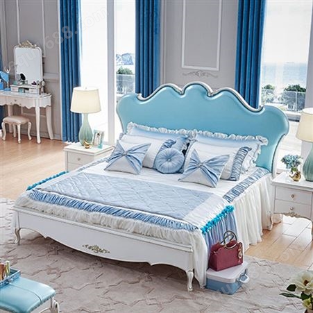 天一美家欧式风格别墅会所家具定制卧室大气实木蓝色简约双人婚床